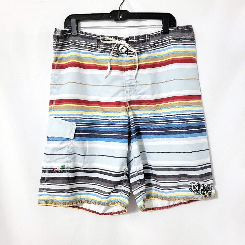Billabong Men Hecho De Board Short Sz 36 Multicolor Stripe Cargo Swim Trunks Y2K